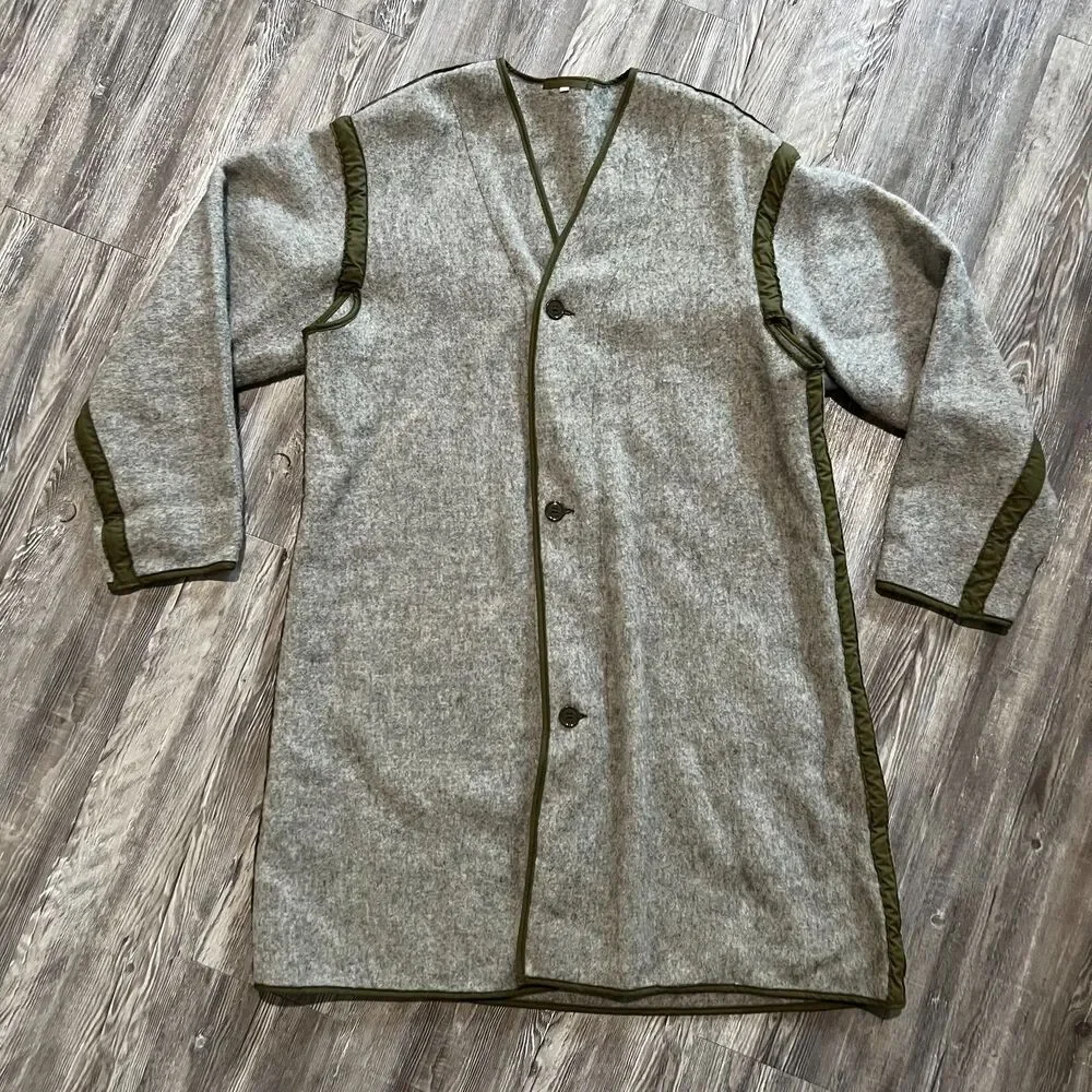 Vintage Military Quilted Wool Field Liner Coat Gray Olive Trim Long Overcoat